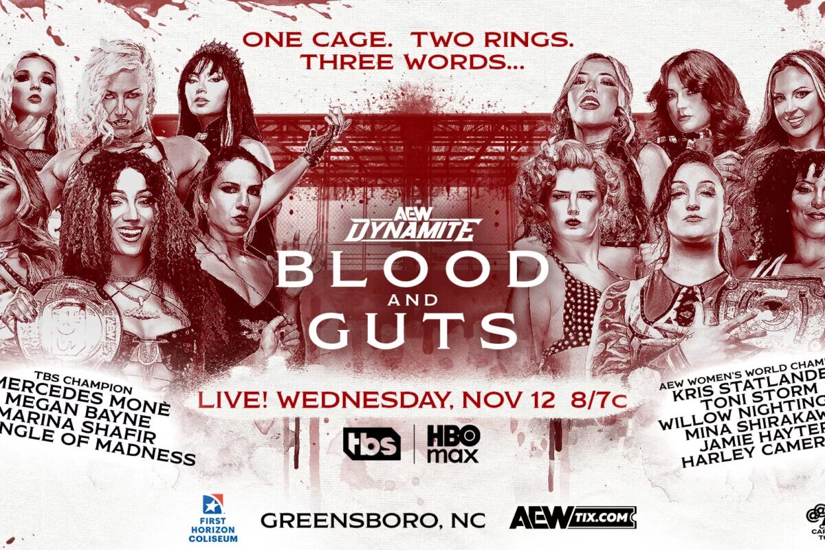 A graphic for AEW Dynamite: Blood and Guts, which will happen on November 12, 2025.