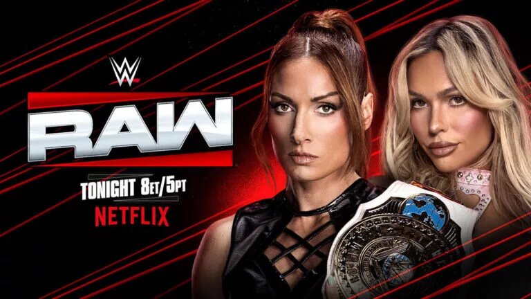 A WWE Raw graphic featuring Maxxine Dupri and Becky Lynch.