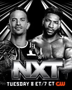 A graphic for WWE NXT featuring Trick Williams and Ricky Saints.