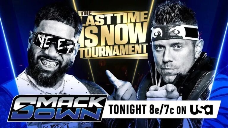 A WWE SmackDown graphic featuring The Miz and Jey Uso.