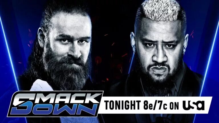 A WWE SmackDown graphic featuring Sami Zayn and MFT leader Solo Sikoa.