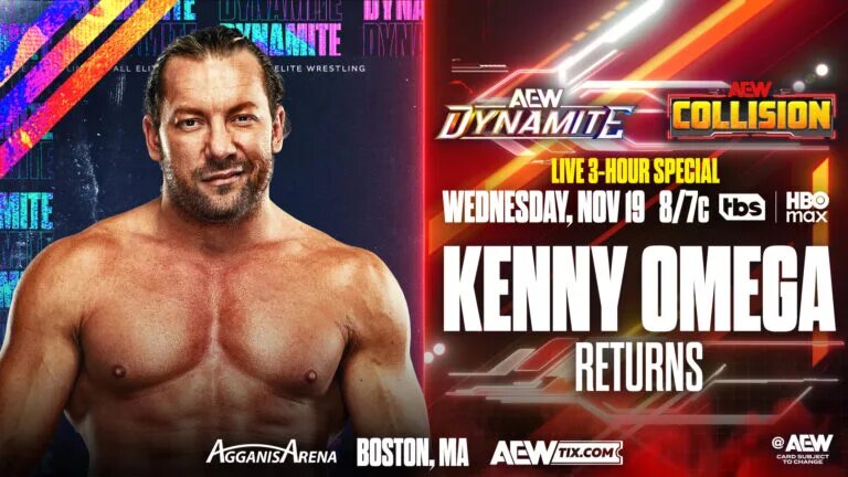 A graphic for the AEW Dynamite/Collision show for November 19, 2025.