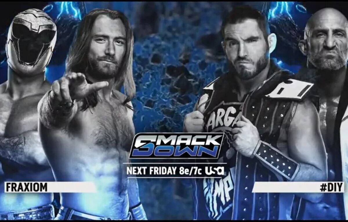 A WWE SmackDown graphic featuring Fraxiom and DIY.