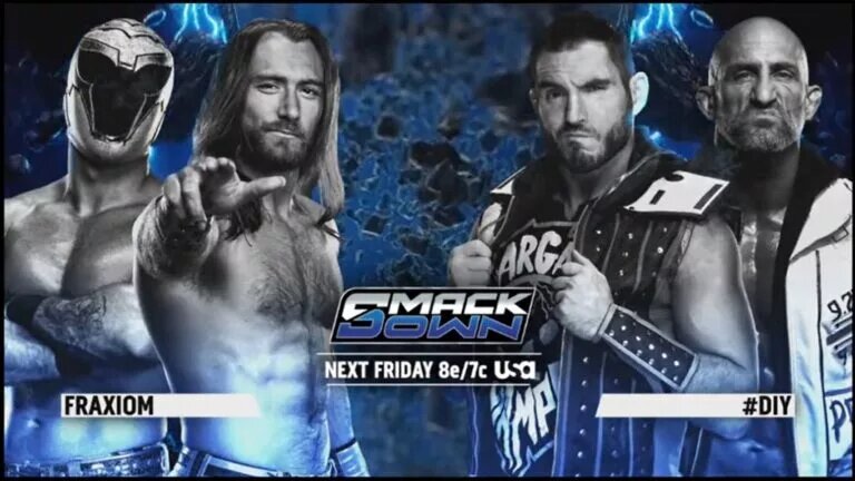 A WWE SmackDown graphic featuring Fraxiom and DIY.