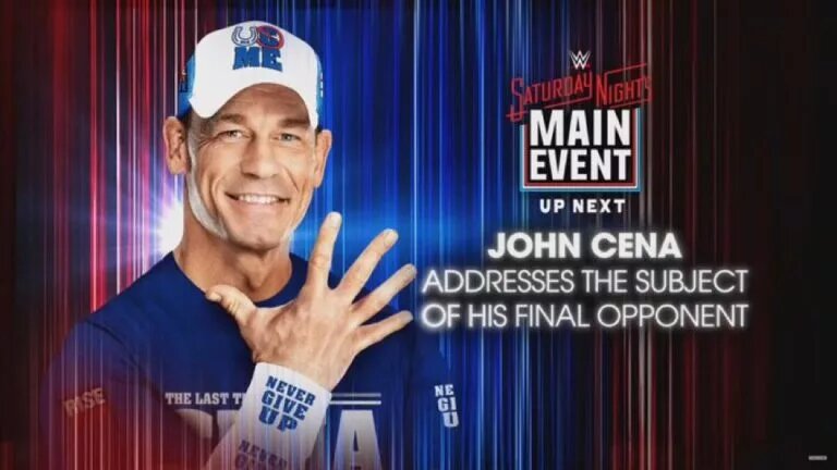 A graphic for WWE Saturday Night's Main Event (SNME) XLI, featuring John Cena announcing his final WWE opponent.