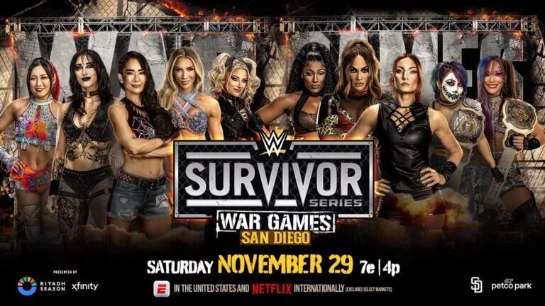 A graphic for WWE Survivor Series: WarGames 2025 match featuring WWE Women's Tag Team Championship division wrestlers.