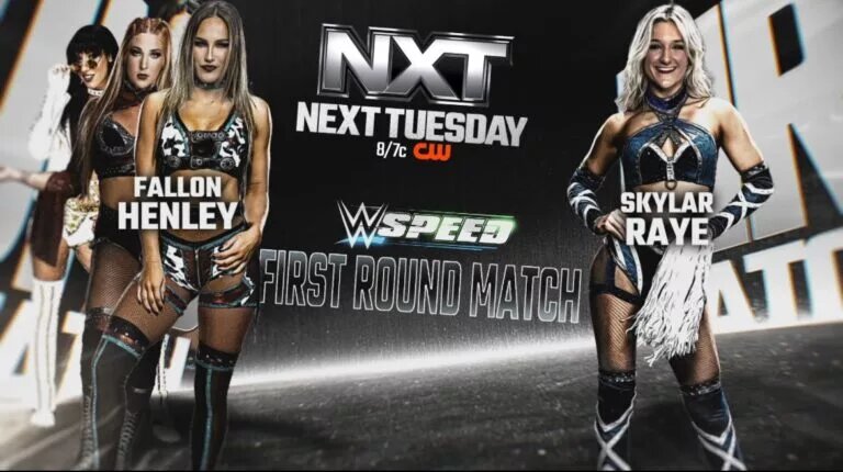 A WWE NXT graphic featuring WWE Speed competitor Fallon Henley.