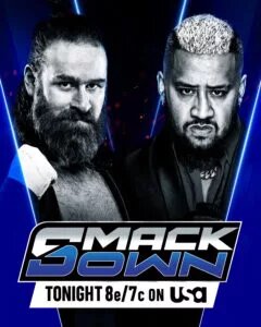 A WWE SmackDown graphic featuring Sami Zayn and MFT leader Solo Sikoa.