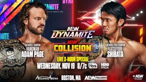 A graphic for the AEW Dynamite/Collision show for November 19, 2025.