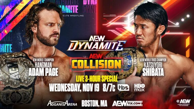 A graphic for the AEW Dynamite/Collision show for November 19, 2025.