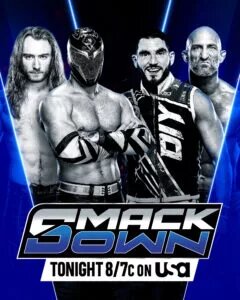 A WWE SmackDown graphic featuring Fraxiom and DIY.