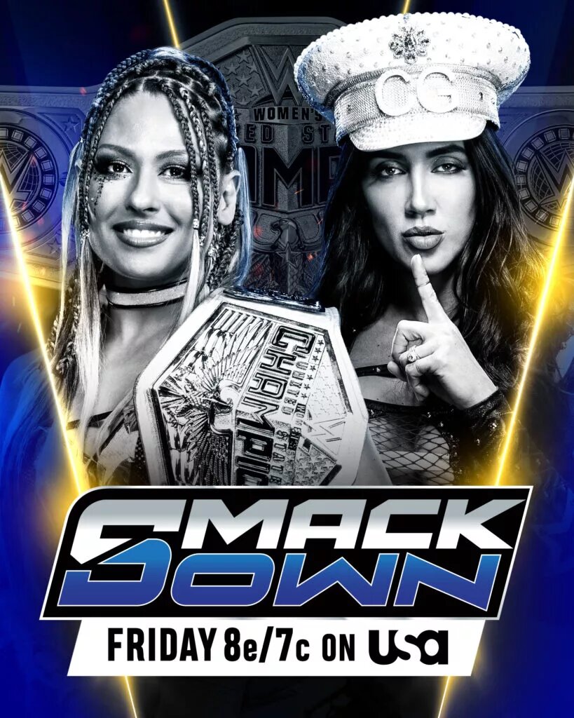 A graphic for the WWE SmackDown results for November 7, 2025 featuring Chelsea Green and Giulia.
