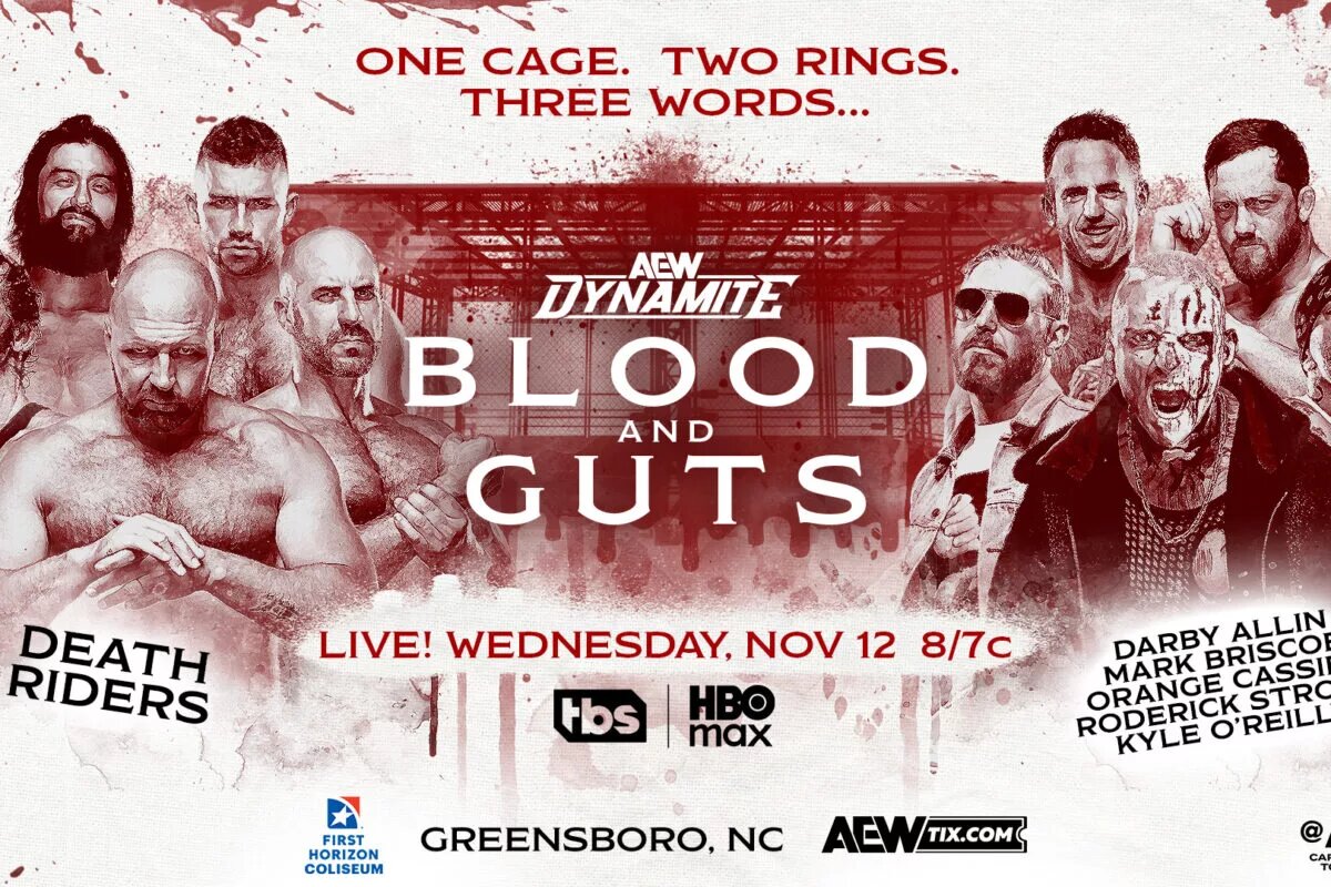 A graphic for AEW Dynamite: Blood and Guts, which will happen on November 12, 2025.