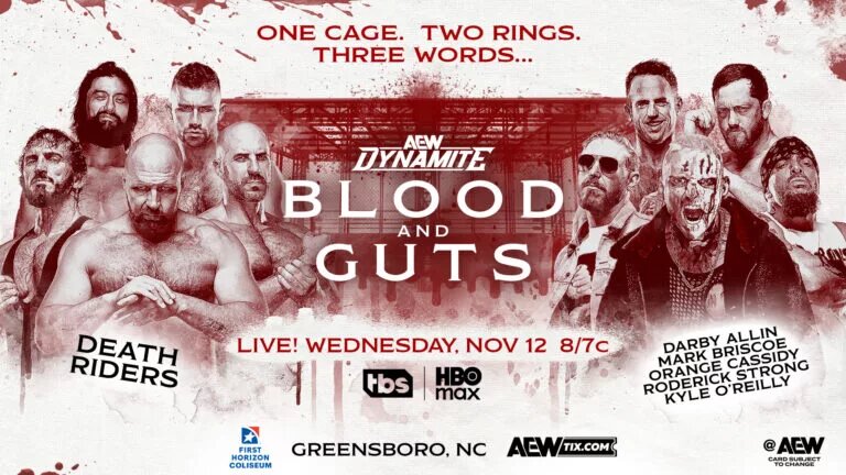 A graphic for AEW Dynamite: Blood and Guts, which will happen on November 12, 2025.