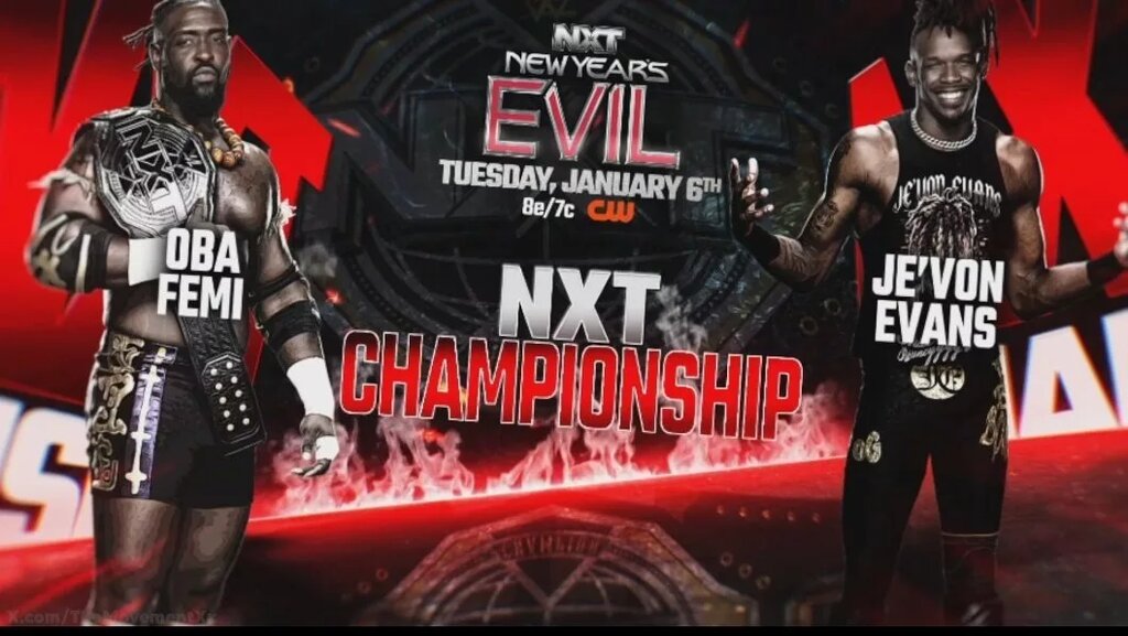 A graphic of NXT New Year's Evil featuring Oba Femi and Je'Von Evans.