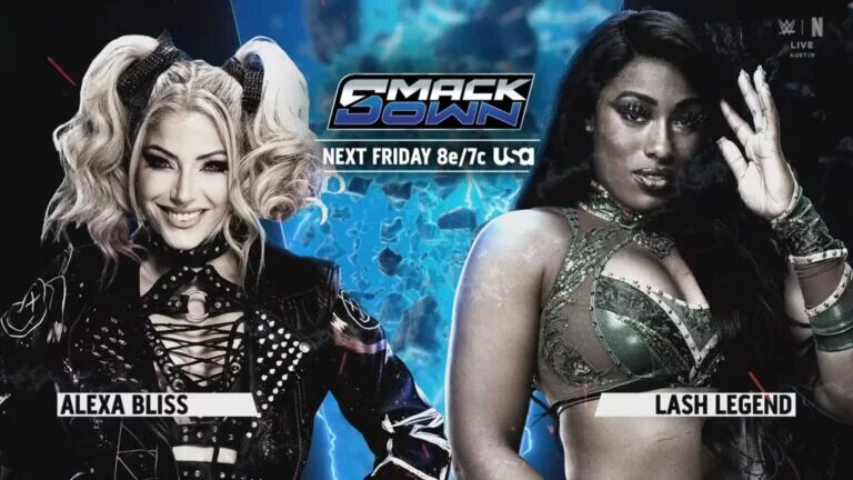 A WWE SmackDown graphic featuring Alexa Bliss and Lash Legend.
