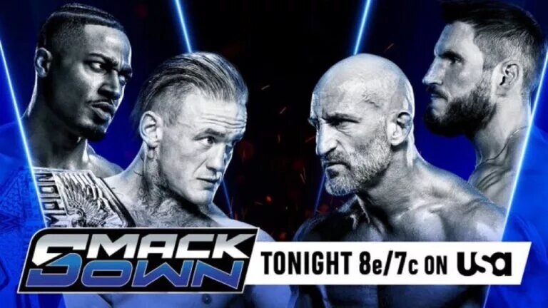 A WWE SmackDown graphic featuring Carmello Hayes, Ilja Draugonv, and #DIY.