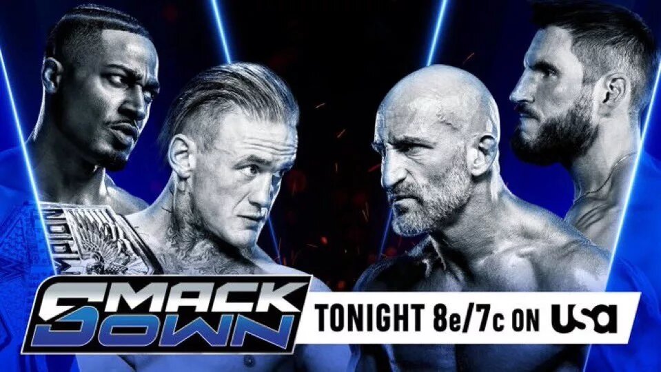 A WWE SmackDown graphic featuring Carmello Hayes, Ilja Draugonv, and #DIY.