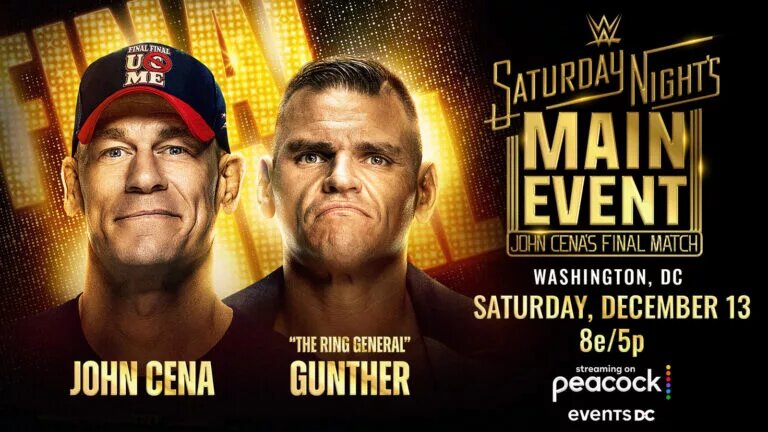 A graphic of Gunther vs. John Cena at WWE Saturday Night's Main Event XLII, a storyline being featured on WWE Unreal Season 3