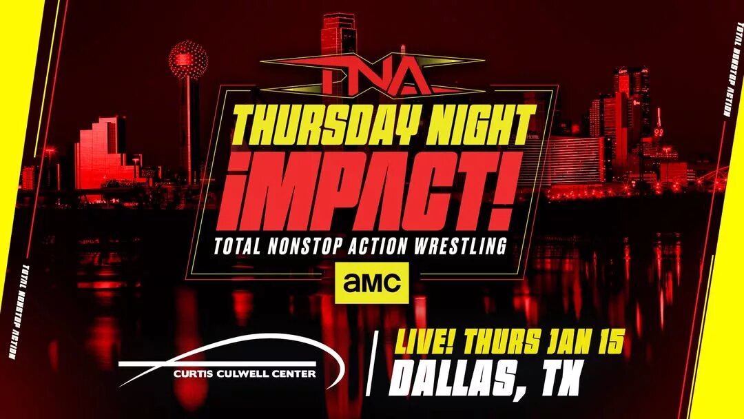 A graphic for TNA Wrestling Tapings on December 7 announcing TNA iMPACT debut on AMC on January 15, 2026