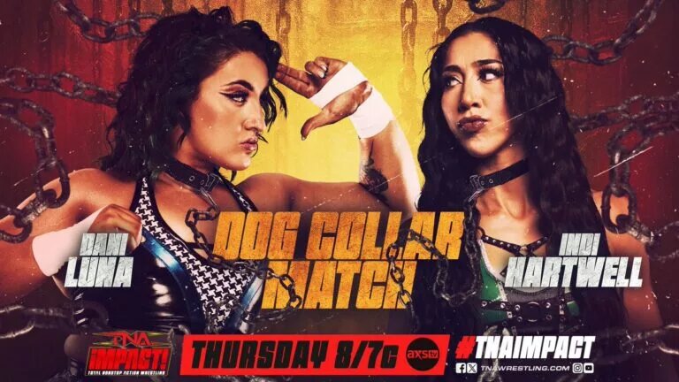 A graphic for the TNA iMPACT preview of December 11, 2025, with Indi Hartwell and Dani Luna in a Dog Collar Match