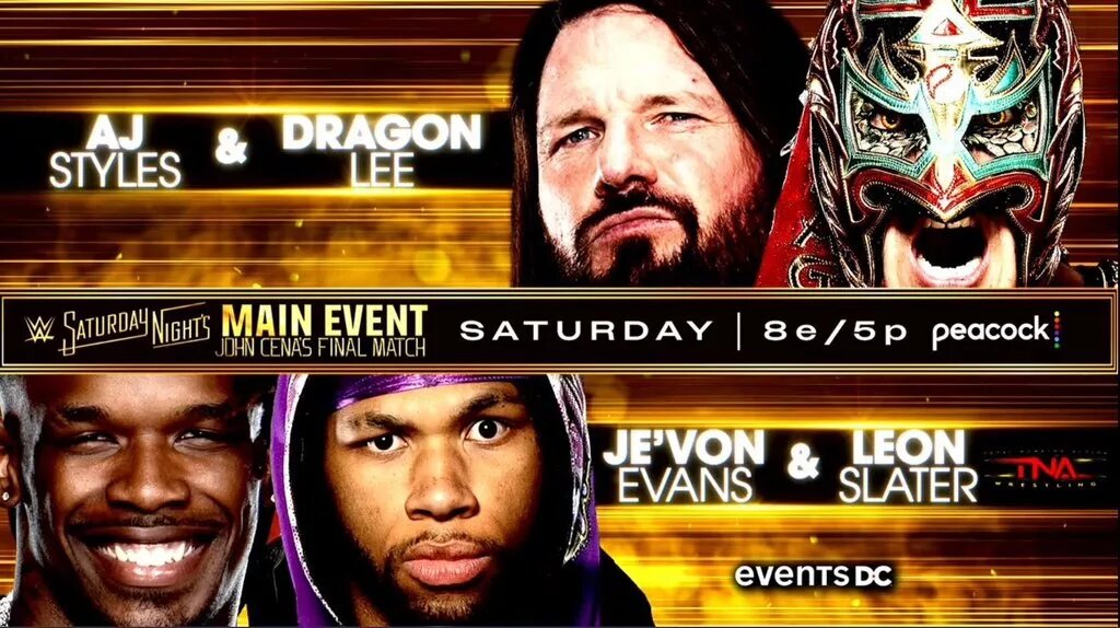 A graphic from Saturday Night Main Event on December 13, with AJ Styles and Dragon Lee facing Leon Slater and Je'Von Evans