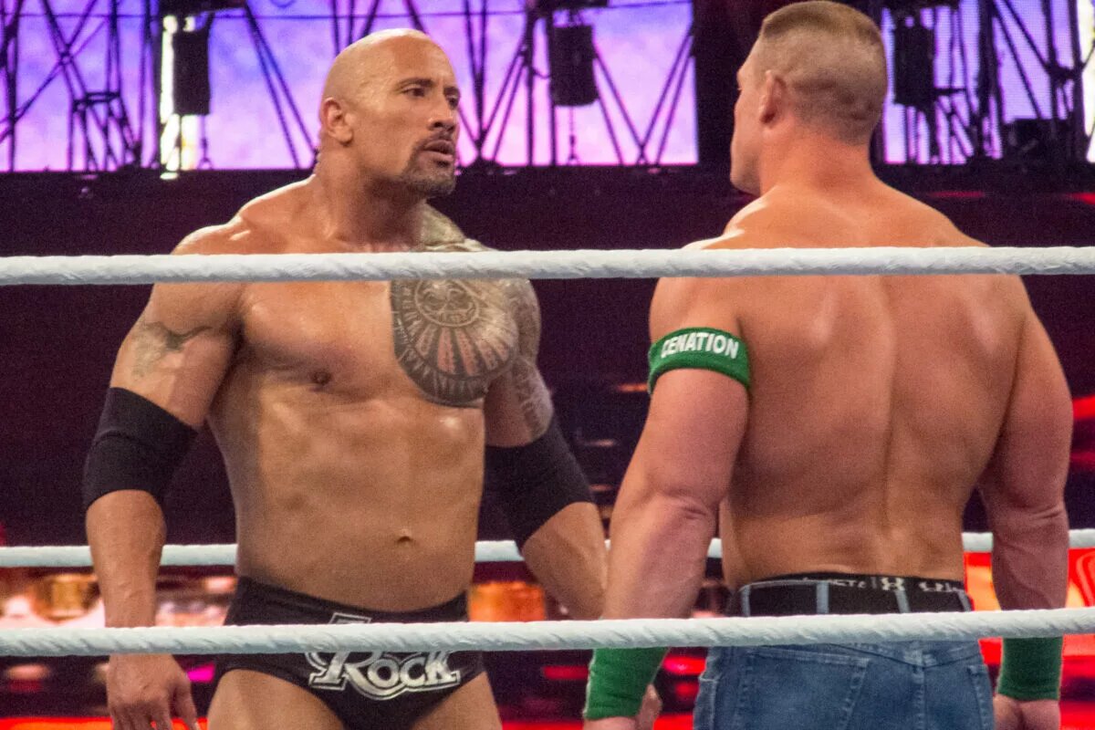 A photo of The Rock and John Cena at WrestleMania.