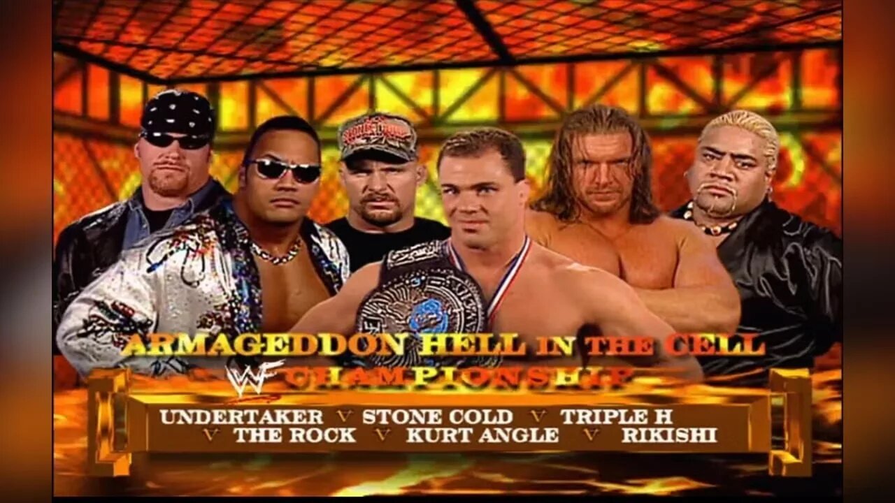 A graphic from the 6-Man HEll in a Cell Match at Armageddon 2000