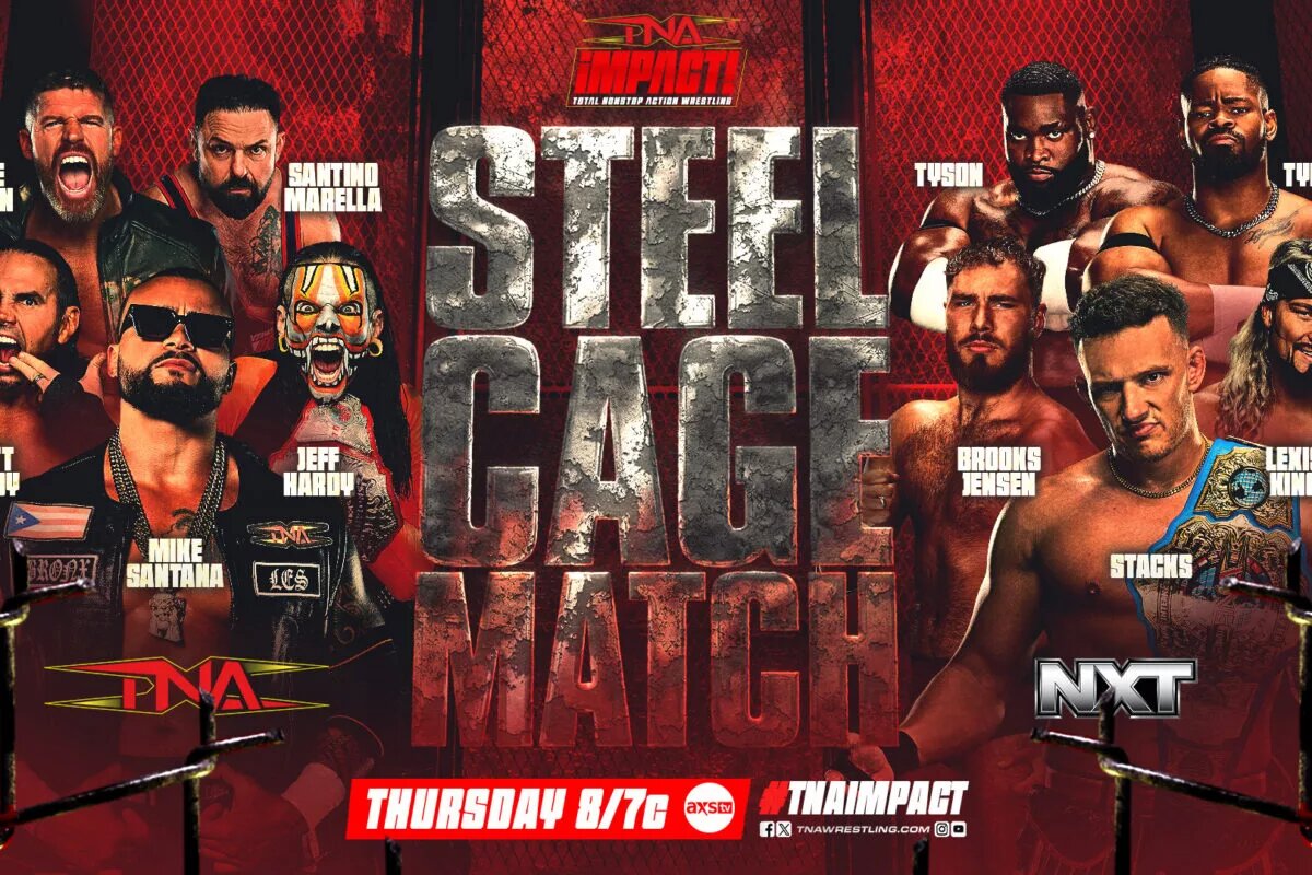 A graphic for TNA iMPACT preview of December 18, 2025. Tean TNA will face Team NXT in a 5 vs 5 Steel Cage match