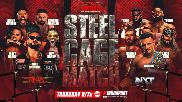 A graphic for TNA iMPACT preview of December 18, 2025. Tean TNA will face Team NXT in a 5 vs 5 Steel Cage match