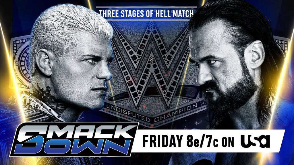 A graphic for the WWE SmackDown spoilers and results for January 9, 2025, live from Berlin, Germany, featuring Drew McIntyre and Cody Rhodes.