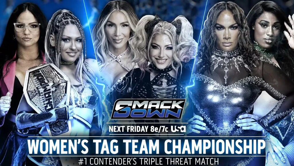 A graphic of the WWE SmackDown preview for January 23, 2026, the night before WWE Saturday Night's Main Event (SNME) XLIII.
