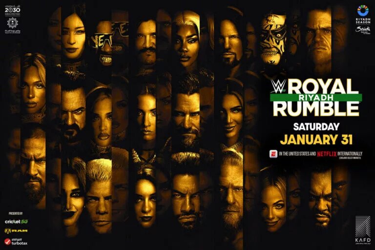 A graphic for the WWE Royal Rumble 2026 preview, happening on January 31, 2026 in Riyadh, Saudi Arabia.