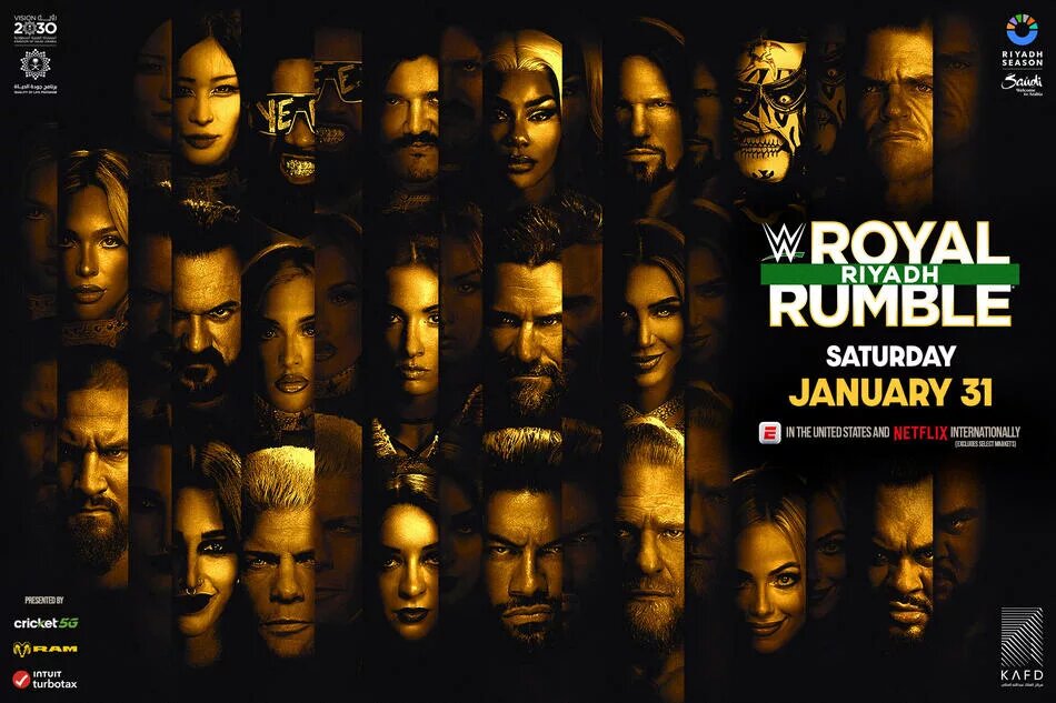 A graphic for the WWE Royal Rumble 2026 preview, happening on January 31, 2026 in Riyadh, Saudi Arabia.