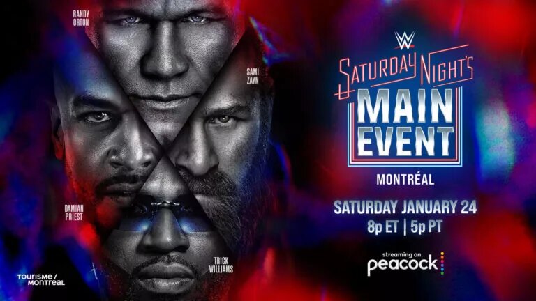A graphic for the WWE Saturday Night's Main Event (SNME) XLIII, featuring one of the challengers of Drew McIntyre at the 2026 Royal Rumble.