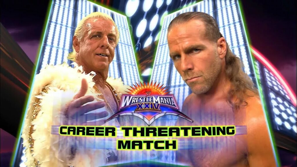 A graphic of one of the best WWE retirement matches featuring Shawn Michaels and Ric Flair.