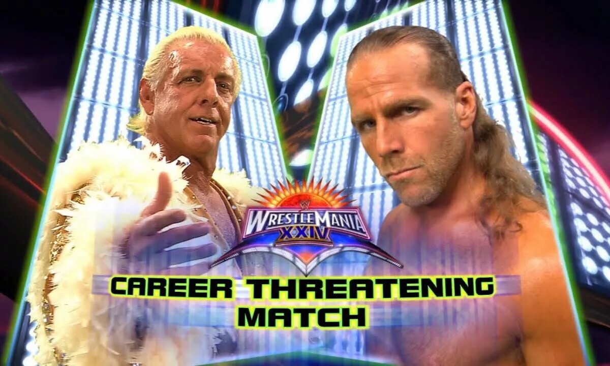 A graphic of one of the best WWE retirement matches featuring Shawn Michaels and Ric Flair.