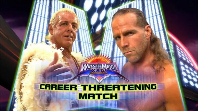 A graphic of one of the best WWE retirement matches featuring Shawn Michaels and Ric Flair.