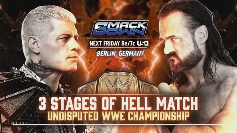 A WWE SmackDown preview graphic for January 9, 2026 in Berlin, Germany, featuring Drew McIntyre and Cody Rhodes.