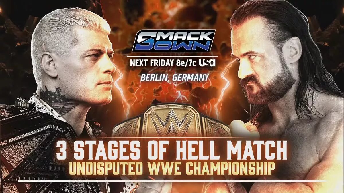 A WWE SmackDown preview graphic for January 9, 2026 in Berlin, Germany, featuring Drew McIntyre and Cody Rhodes.