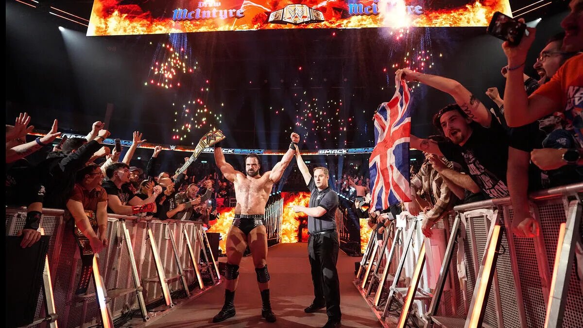 Drew McIntyre celebrating his World Title win at SmackDown in Berlin on January 9