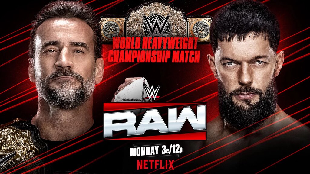 A graphic of CM Punk and Finn Balor as they will compete this Monday in Belfast on WWE RAW for the World Heavyweight Championship