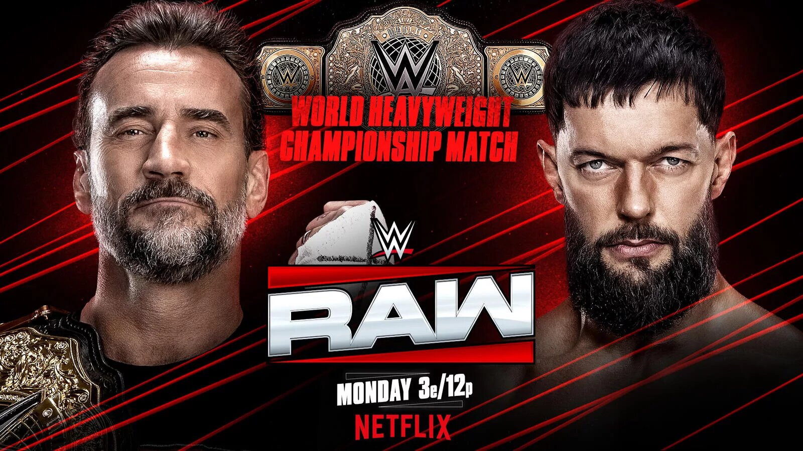 A graphic of CM Punk and Finn Balor as they will compete this Monday in Belfast on WWE RAW for the World Heavyweight Championship