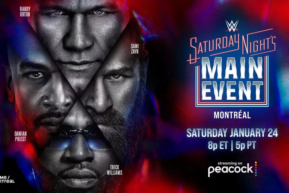 A graphic of the Fatal Four-Way match between Sami Zayn, Randy Orton, Trick Williams and Danian Priest at Saturday Night Main Event XLIII. It is part of the WWE PLE schedule for 2026.