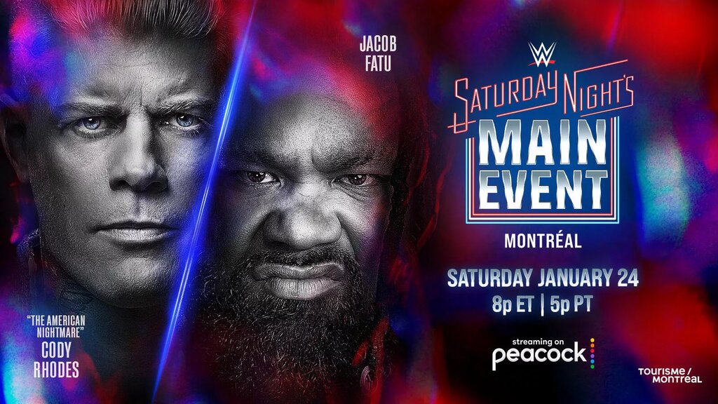 Jacob Fatu and Cody Rhodes WWE SNME 2026 match graphic