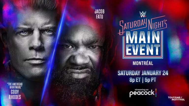 Jacob Fatu and Cody Rhodes WWE SNME 2026 match graphic from Saturday Night's Main Event XLIII (SNME XLIII)