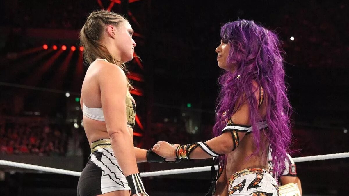 Ronda ROusey and Sasha Banks shaking hands after their RAW Women's Championship match at the WWE Royal Rumble 2019