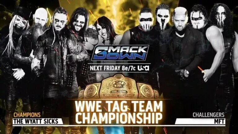 A graphic for the WWE SmackDown results for January 23, 2026 from Canada, one day away WWE Saturday Night's Main Event, featuring The Wyatt Sicks and MFT.