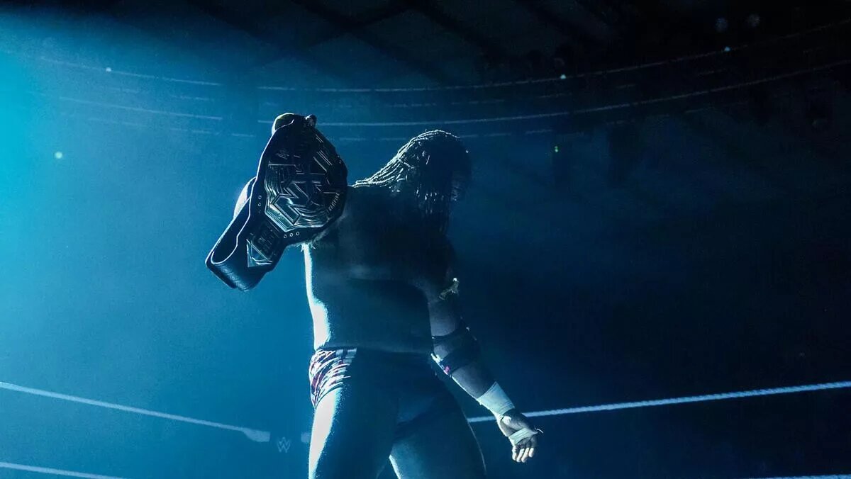 A graphic of Oba Femi as he retained the NXT Championship but relinquished it at NXT New Year's Evil