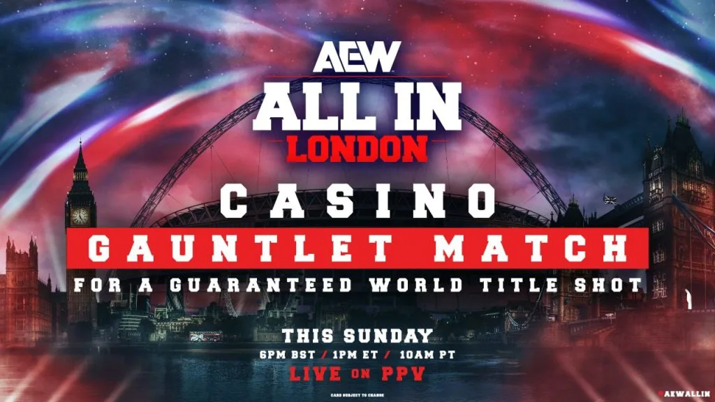 A graphic of the AEW Casino Gauntlet Match that happened in London, UK